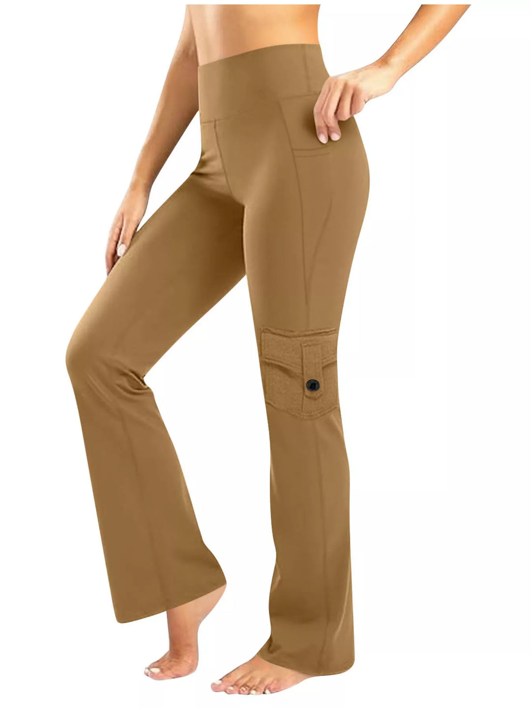 Khaki High-rise flare yoga pants with cargo pockets