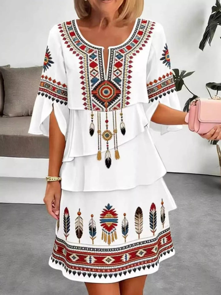 White Tribal print tiered ruffle mini dress with notched neckline