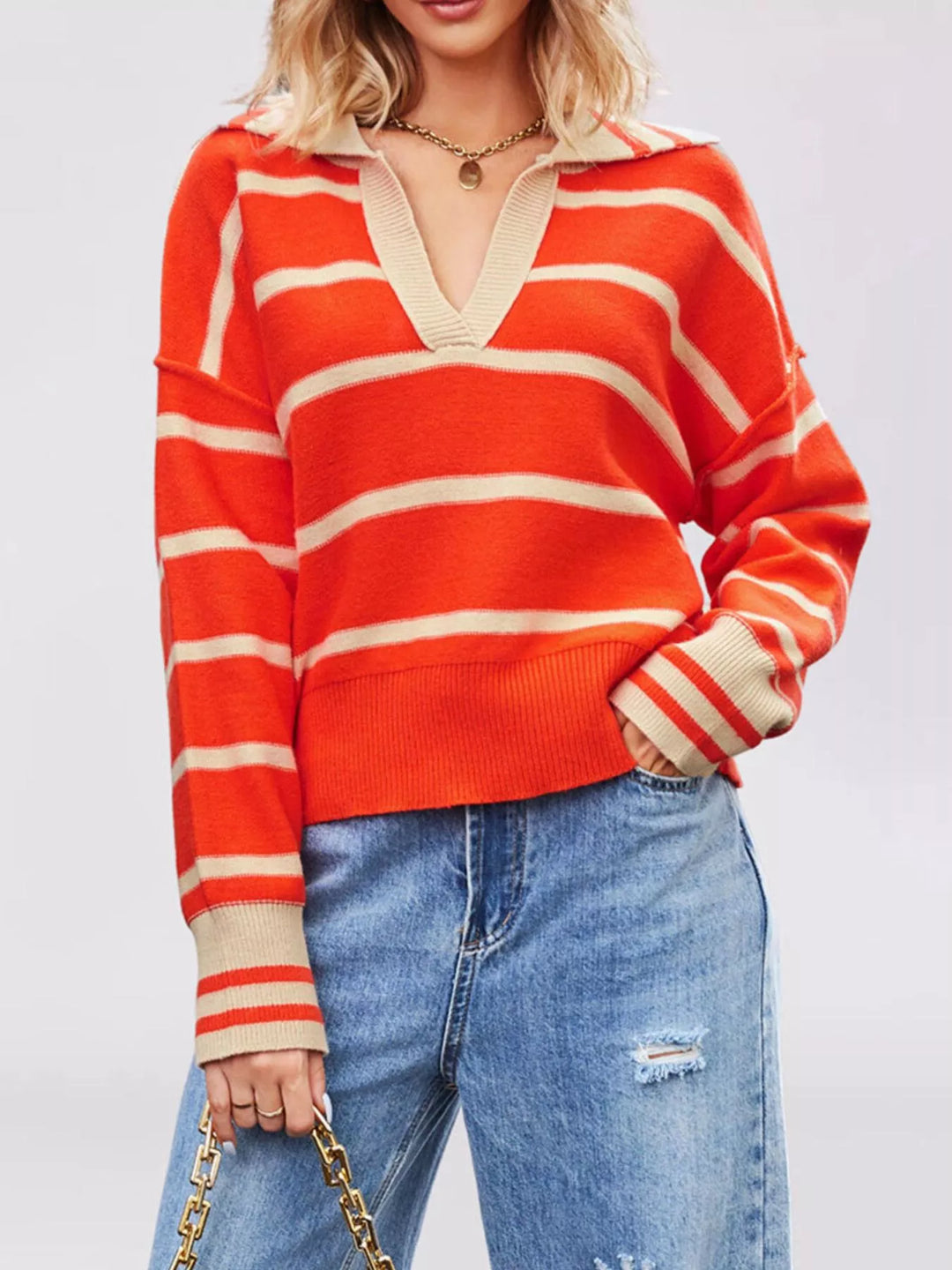 Orange Red Striped johnny collar dropped shoulder sweater