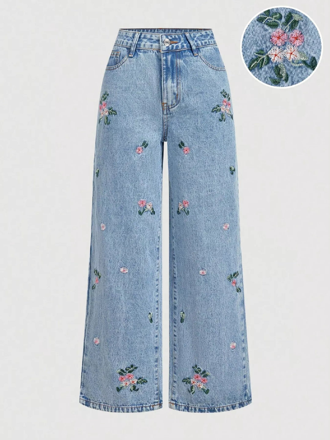 Blue Floral embroidered high-rise wide leg jeans