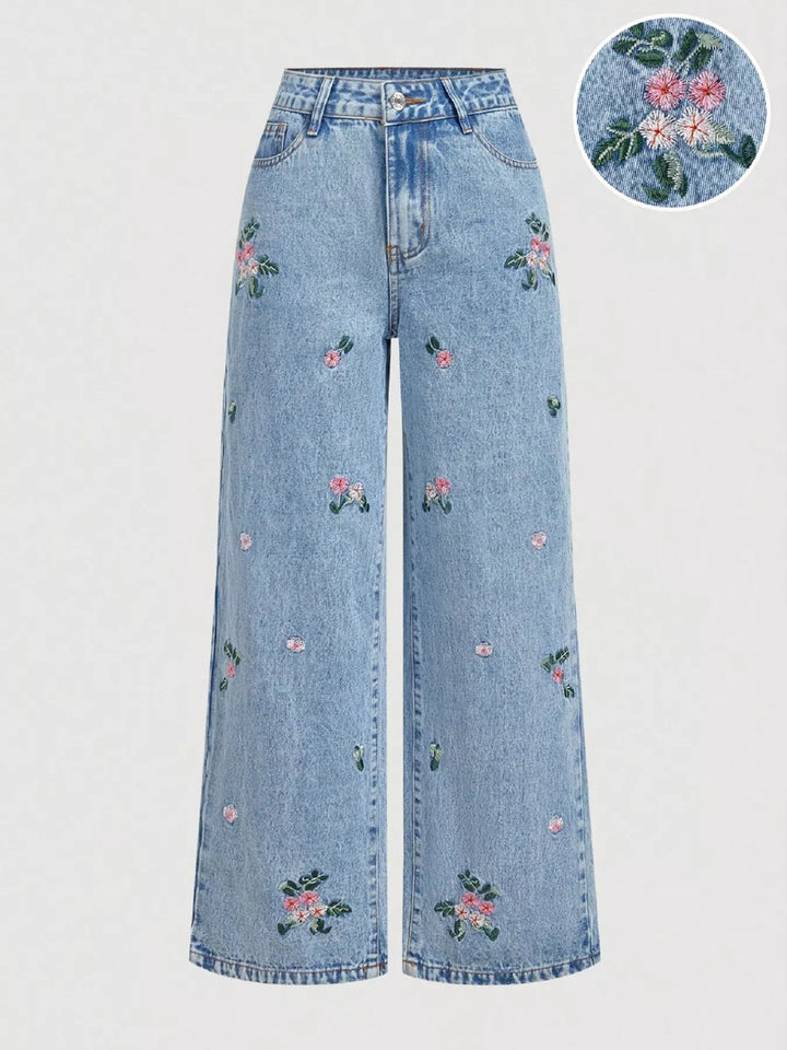 Blue Floral embroidered high-rise wide leg jeans