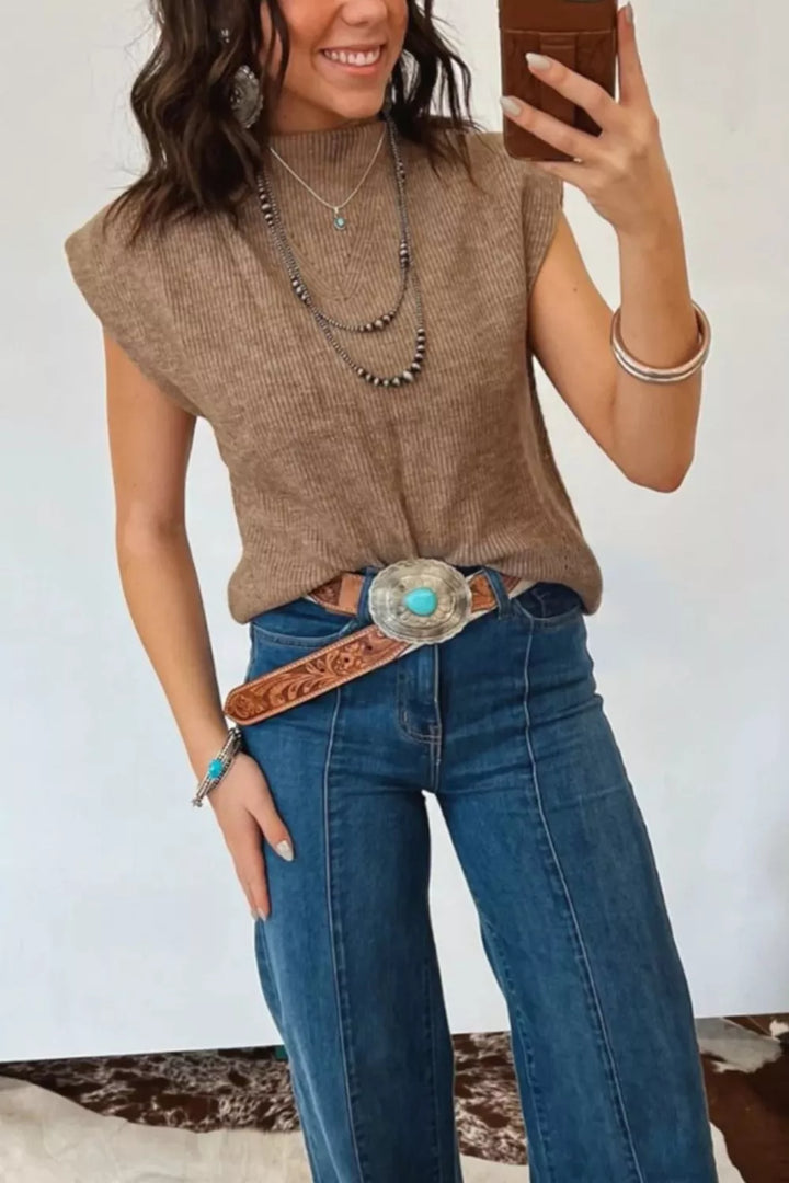 Taupe Relaxed ribbed knit mock neck sweater vest