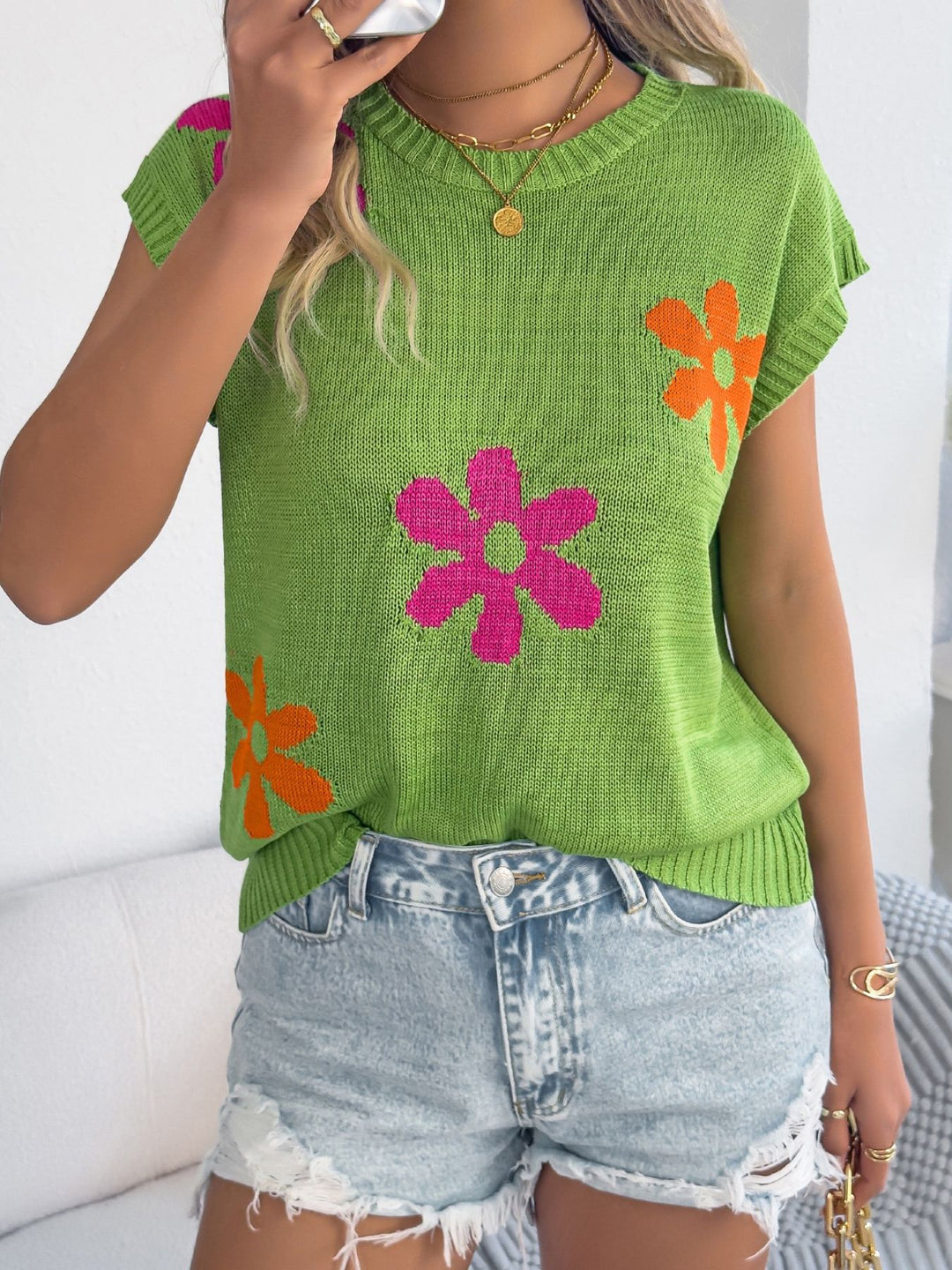 Floral cap-sleeve knit sweater with ribbed crew neck
