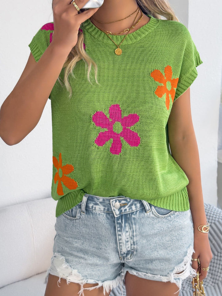 Floral cap-sleeve knit sweater with ribbed crew neck