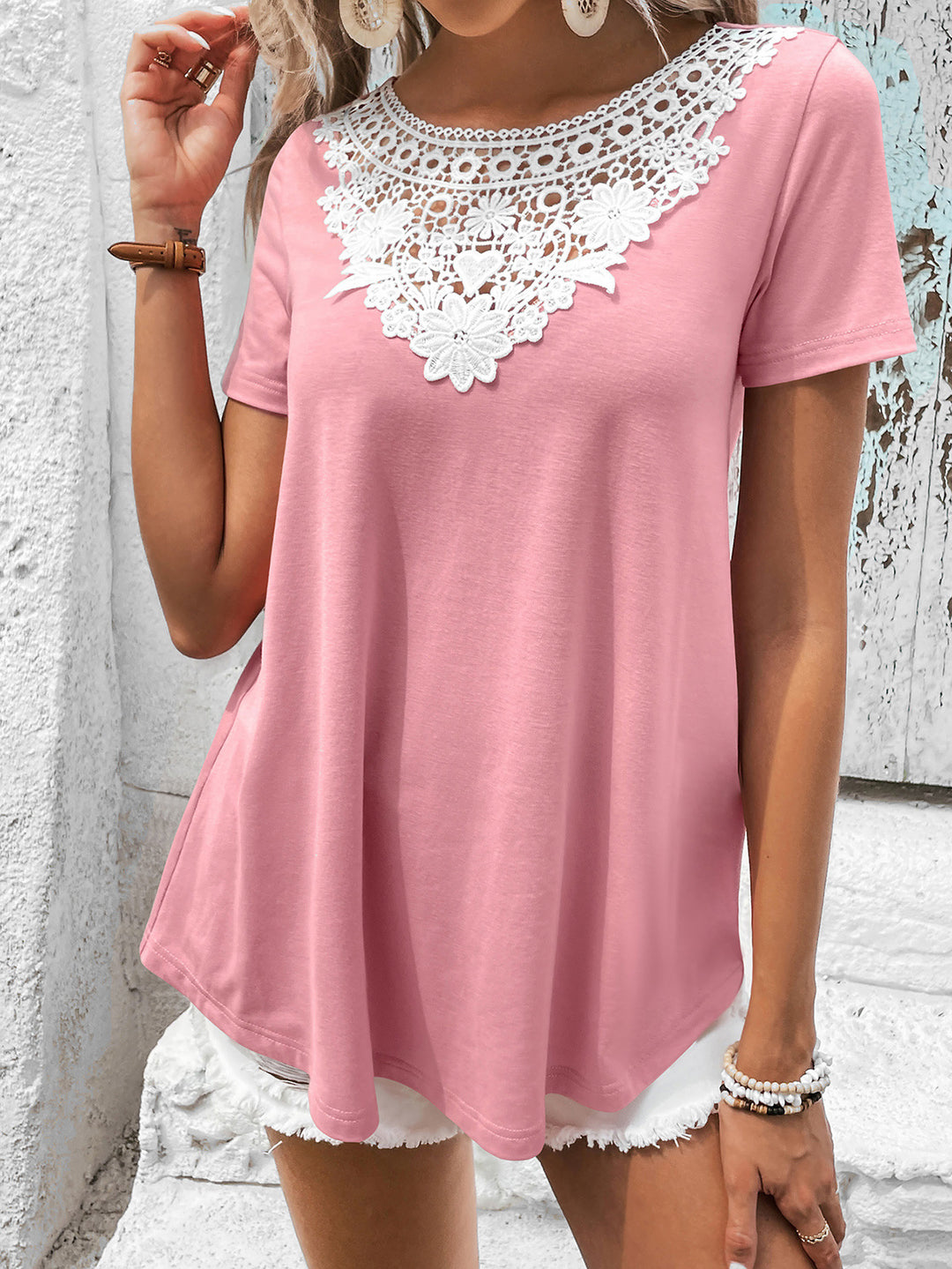 Pink Contrast floral crochet lace short sleeve top