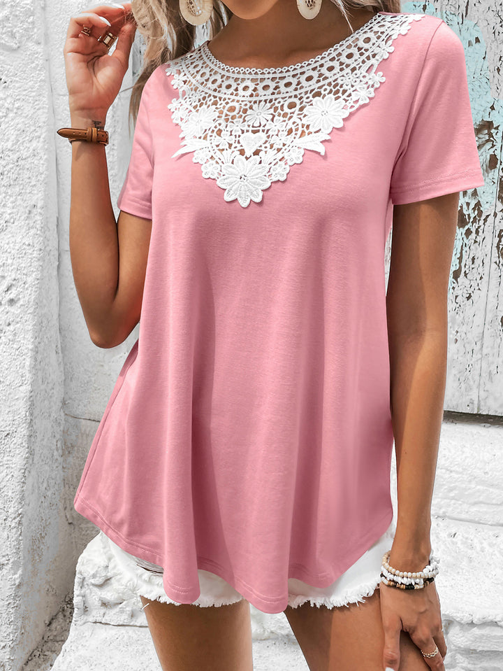 Pink Contrast floral crochet lace short sleeve top