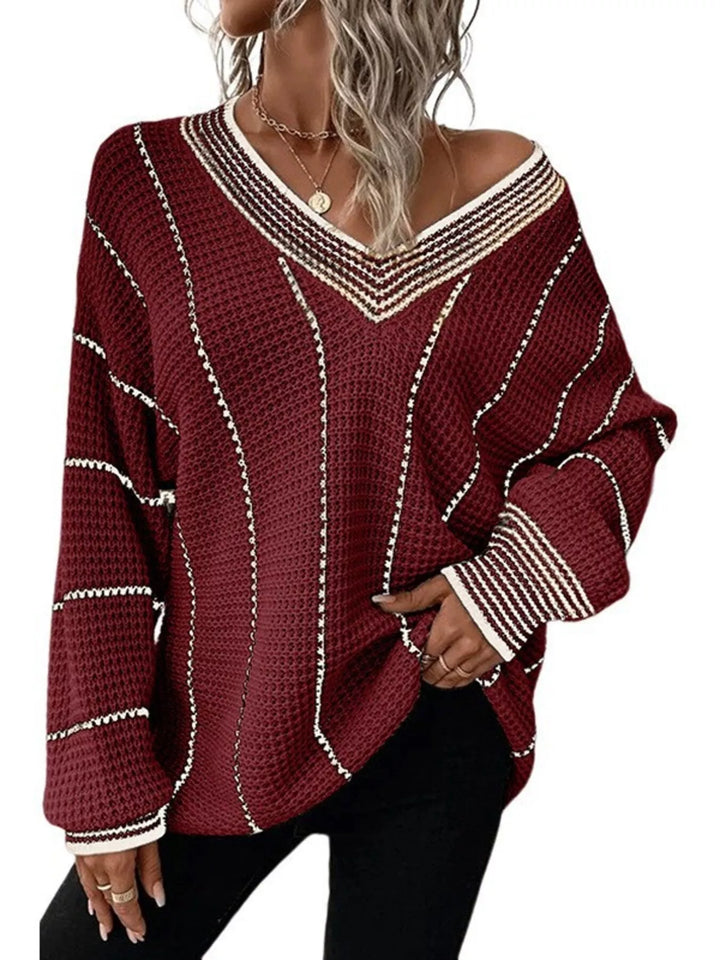 Red Waffle knit V-neck sweater with contrast stripe trim