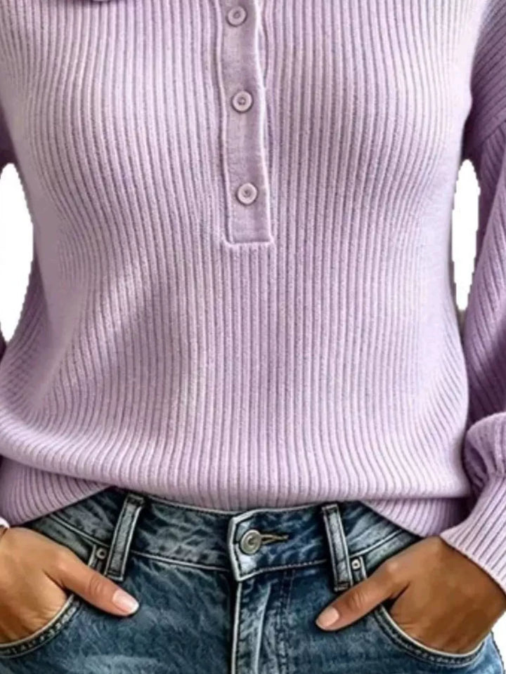 Ruffle collar ribbed knit sweater with button placket