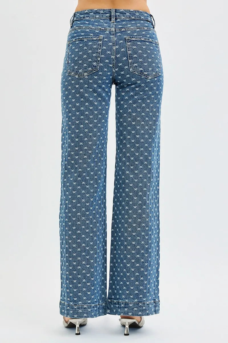 Bow-embroidered high-rise wide leg jeans