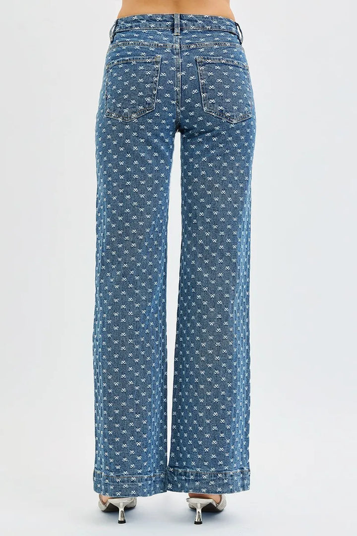Bow-embroidered high-rise wide leg jeans