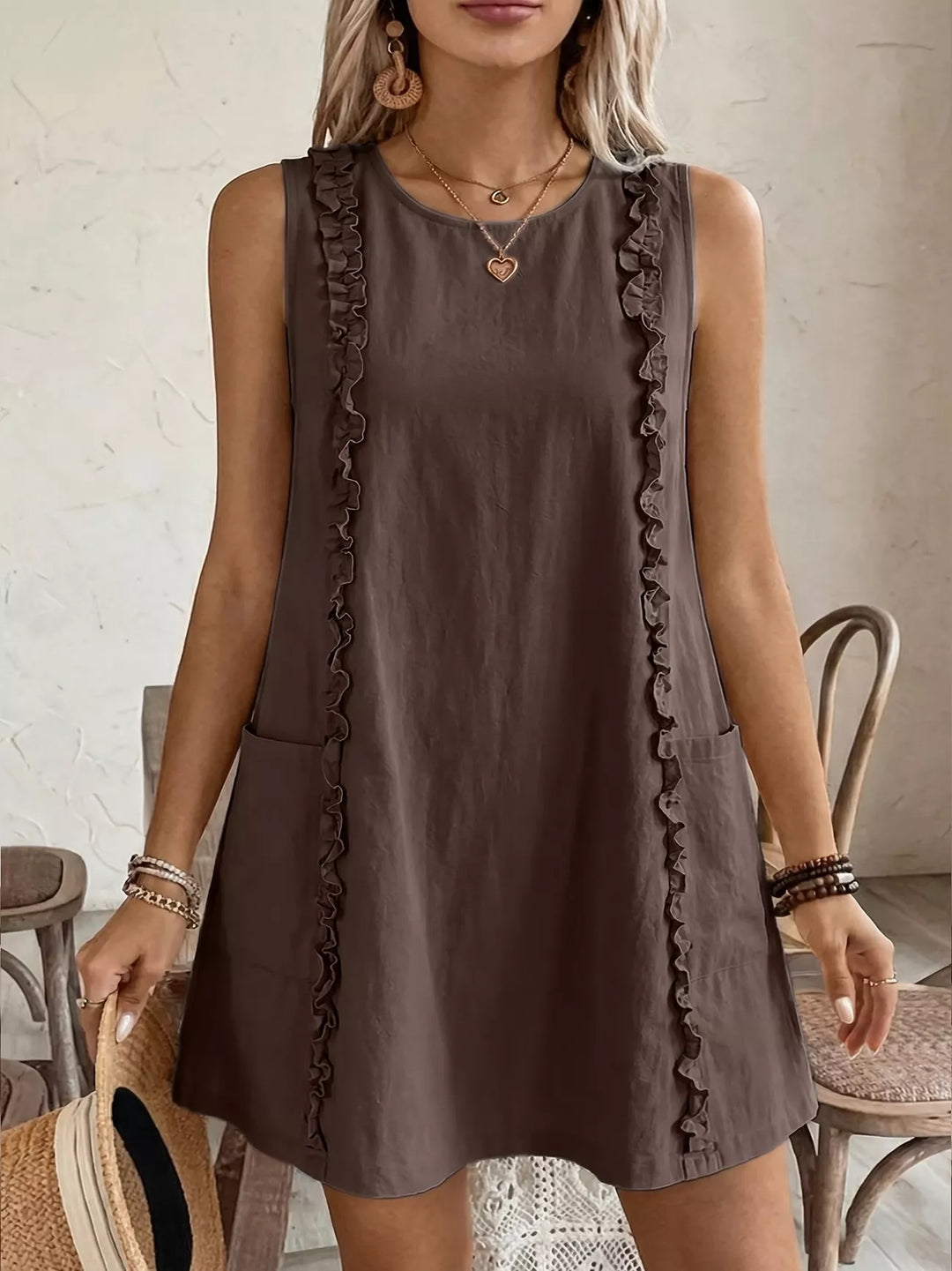 Coffee Brown Ruffle-trim sleeveless mini dress with side pockets
