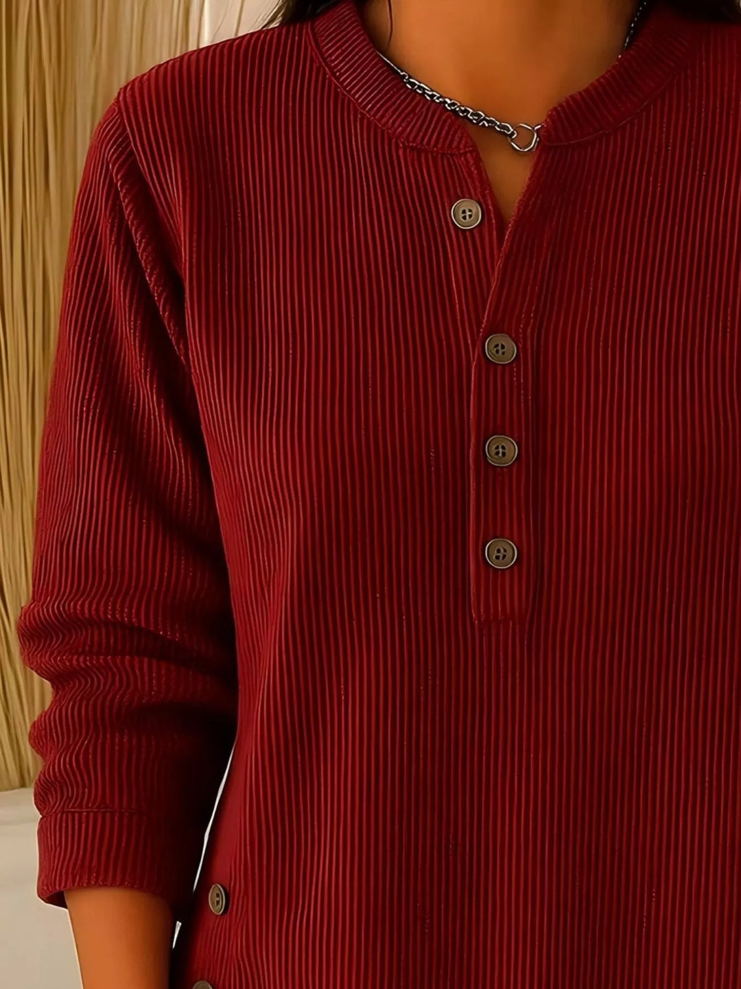 Ribbed half-button henley top with side buttons