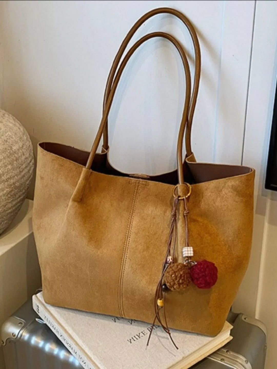 Large slouchy suede shoulder tote bag with pom charm