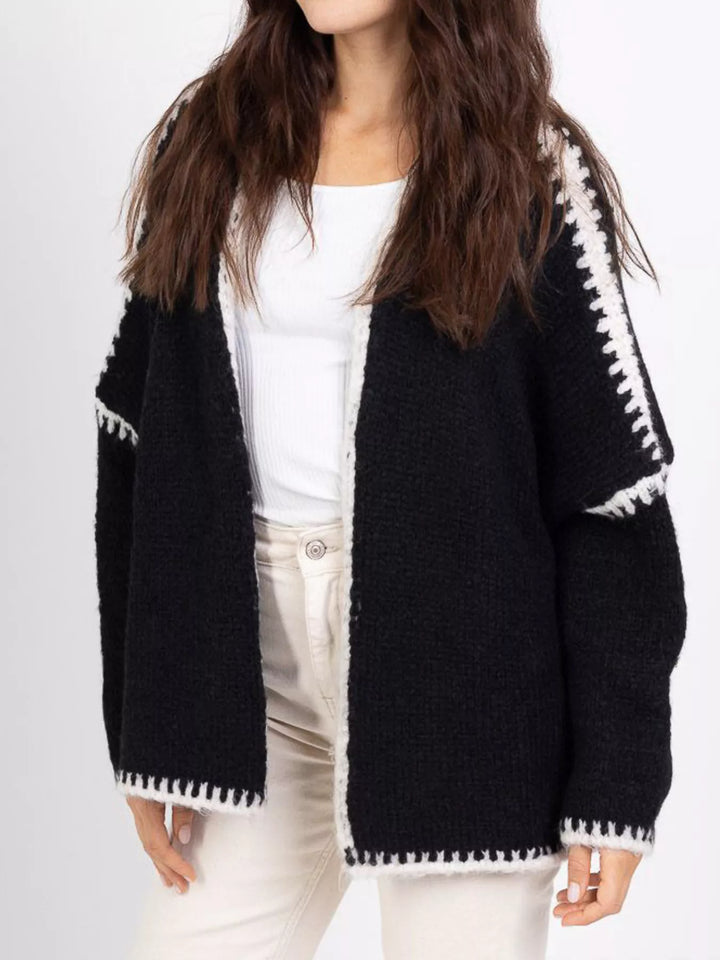 Contrast whipstitch trim open front knit cardigan