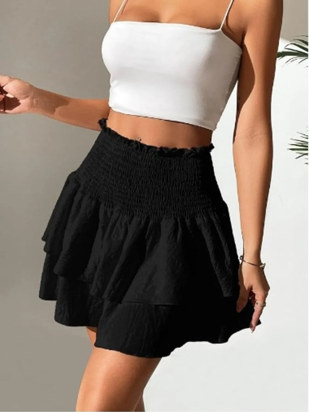 High-waist smocked tiered ruffle mini skirt