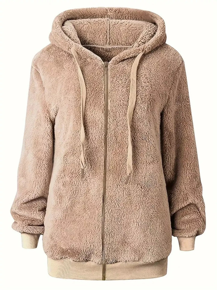 Fuzzy fleece zip-up hoodie jacket with drawstring