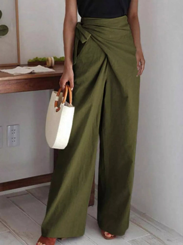 Army Green High-rise wrap front tie waist wide leg pants