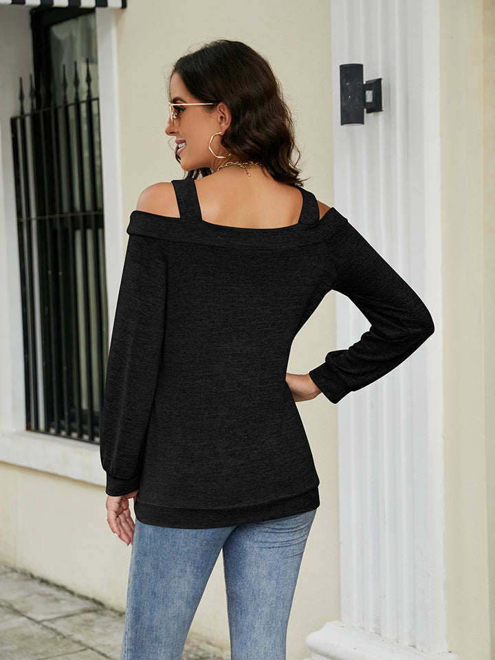 Cold-shoulder cutout square neck long sleeve knit top