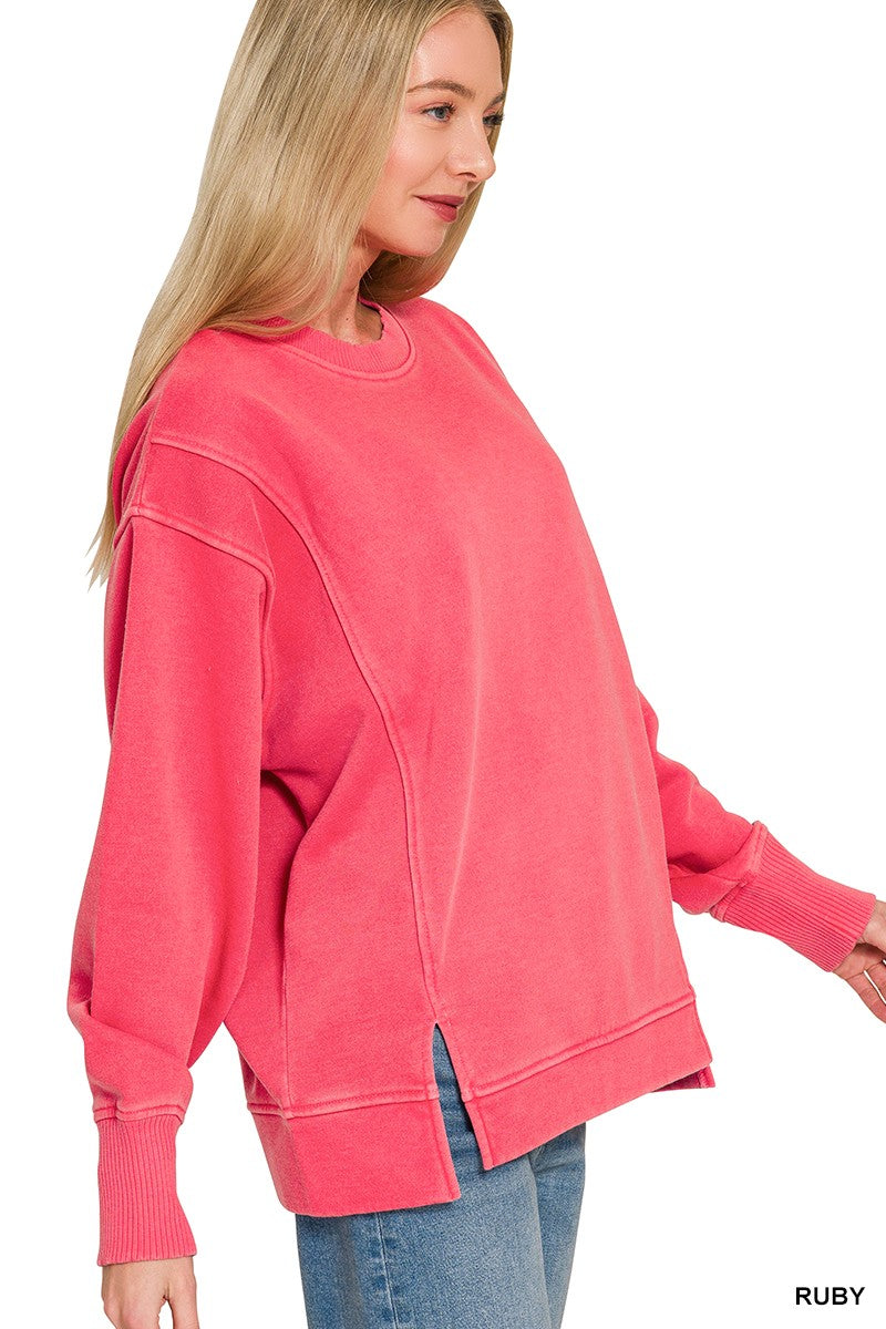 Pigment-dyed exposed-seam fleece crew neck sweatshirt