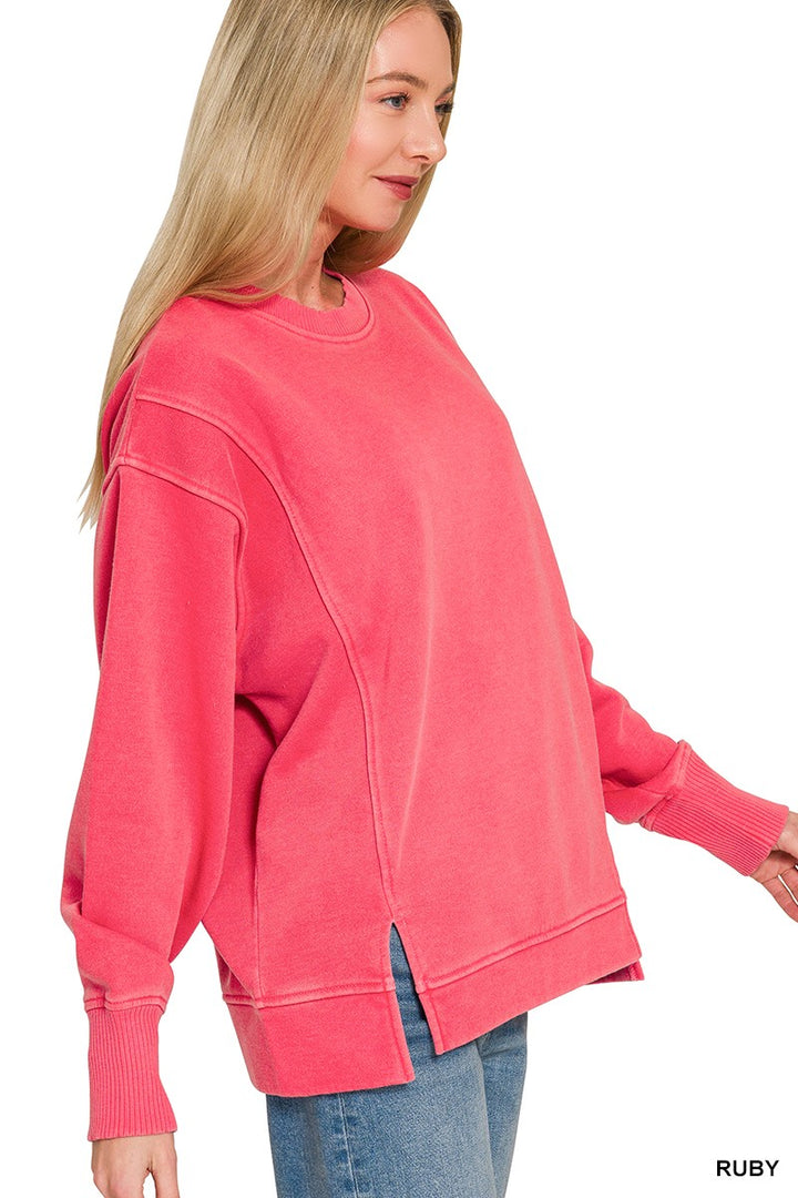 Pigment-dyed exposed-seam fleece crew neck sweatshirt