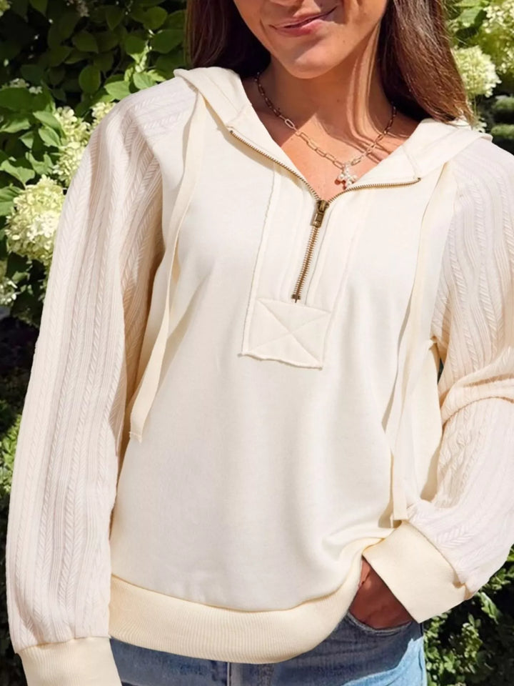 Cream Textured knit sleeve half-zip pullover hoodie