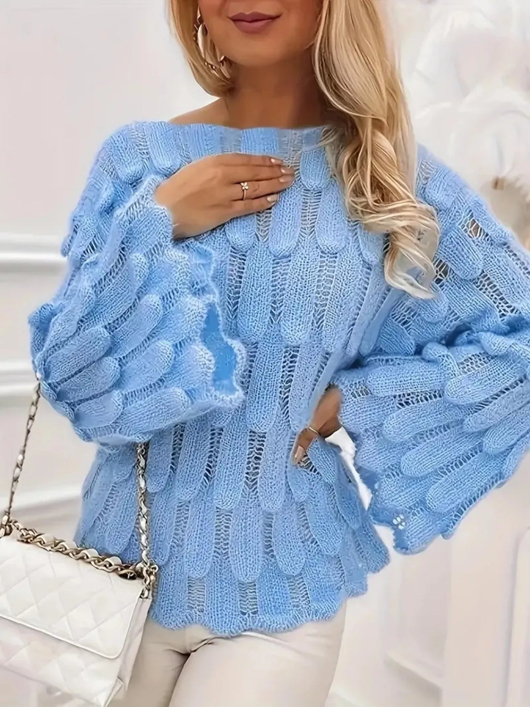 Sky Blue Openwork textured knit top with bell sleeves and scalloped hem