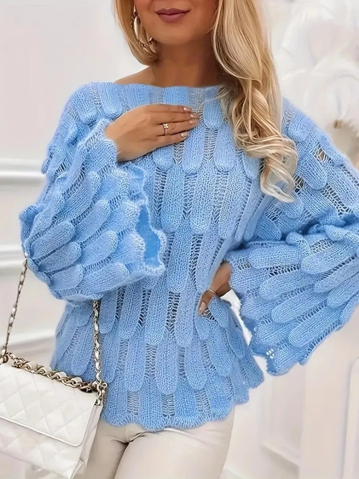 Sky Blue Openwork textured knit top with bell sleeves and scalloped hem