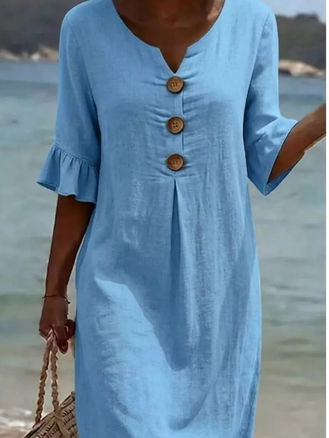 Sky Blue Flounce sleeve button-front pleated midi dress