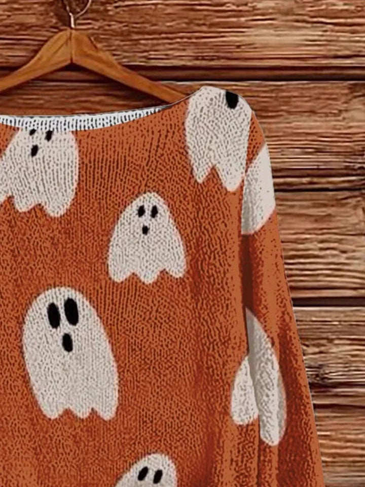 Halloween ghost and pumpkin graphic boat neck sweater