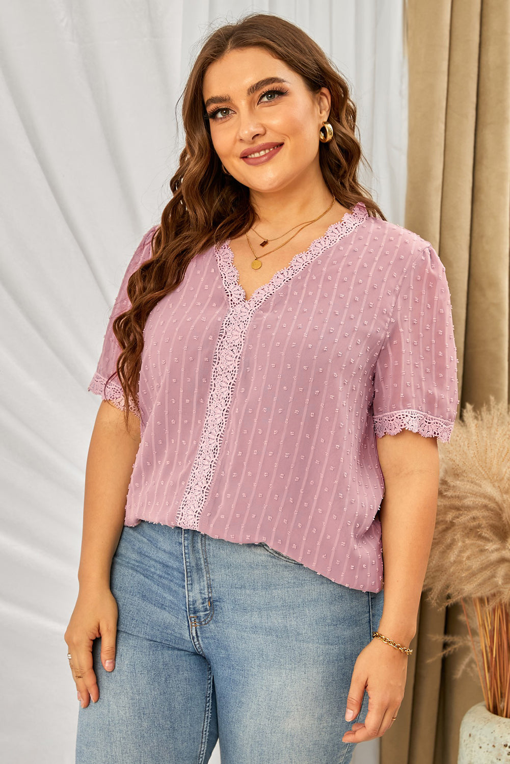 Plus size Swiss dot blouse with crochet lace V-neck