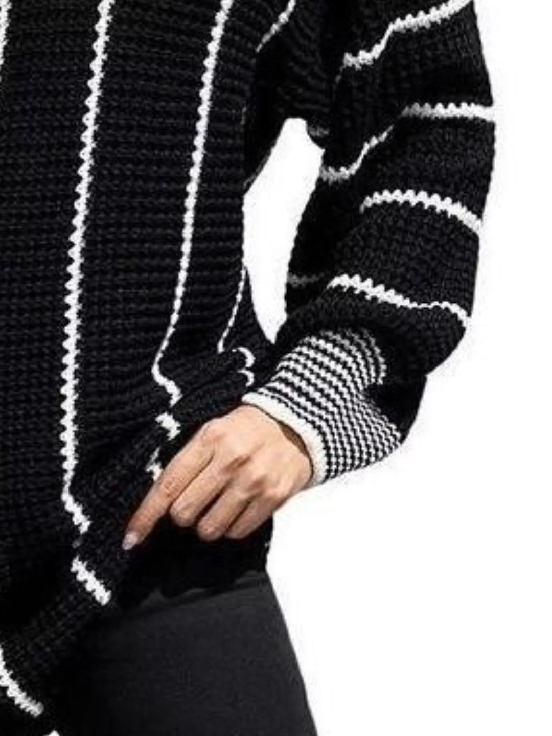 Waffle knit V-neck sweater with contrast stripe trim