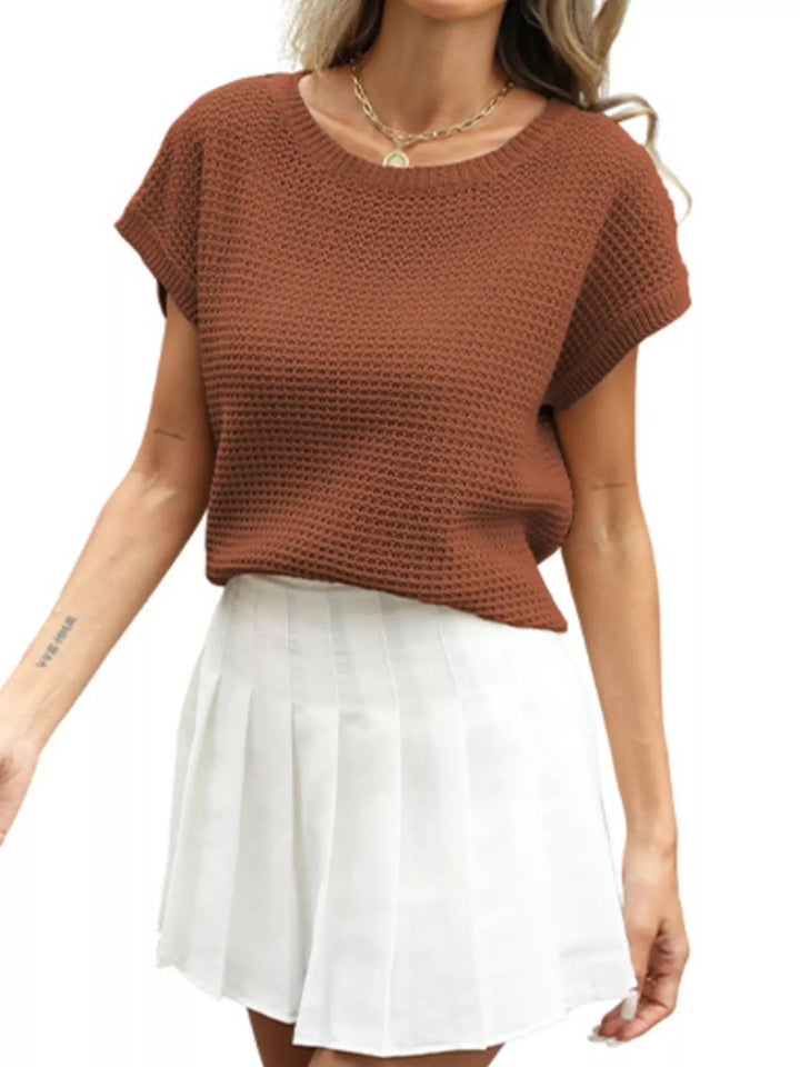 Round neck openwork waffle knit cropped top