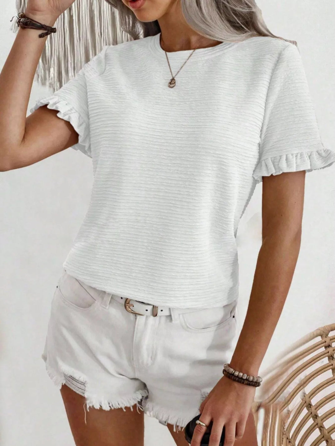Ruffle-cuff crew neck top with crinkle texture