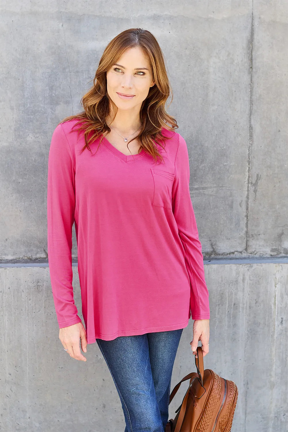 Hot Pink V-neck long sleeve top with chest pocket