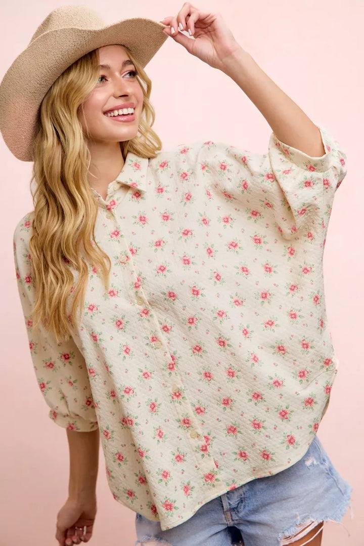 Red Flower Ditsy floral short dolman blouse with button-front