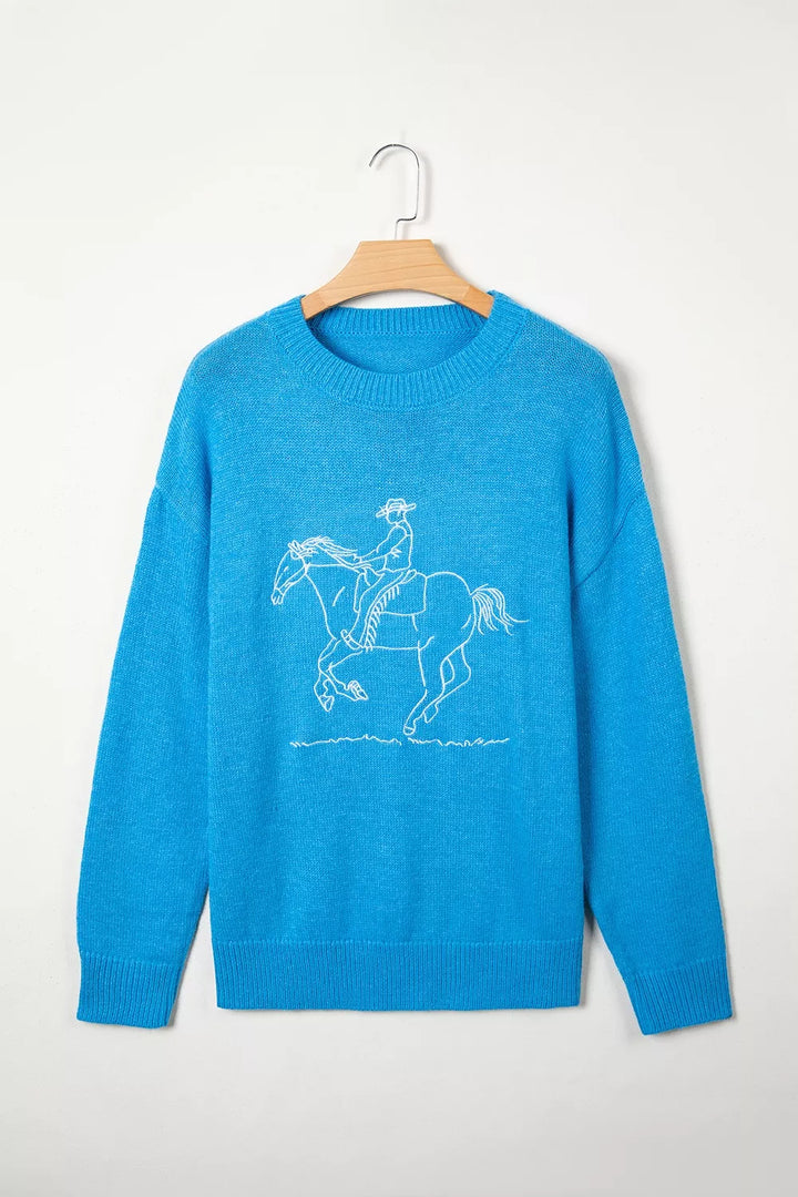 Embroidered bronco rider drop shoulder crewneck sweater