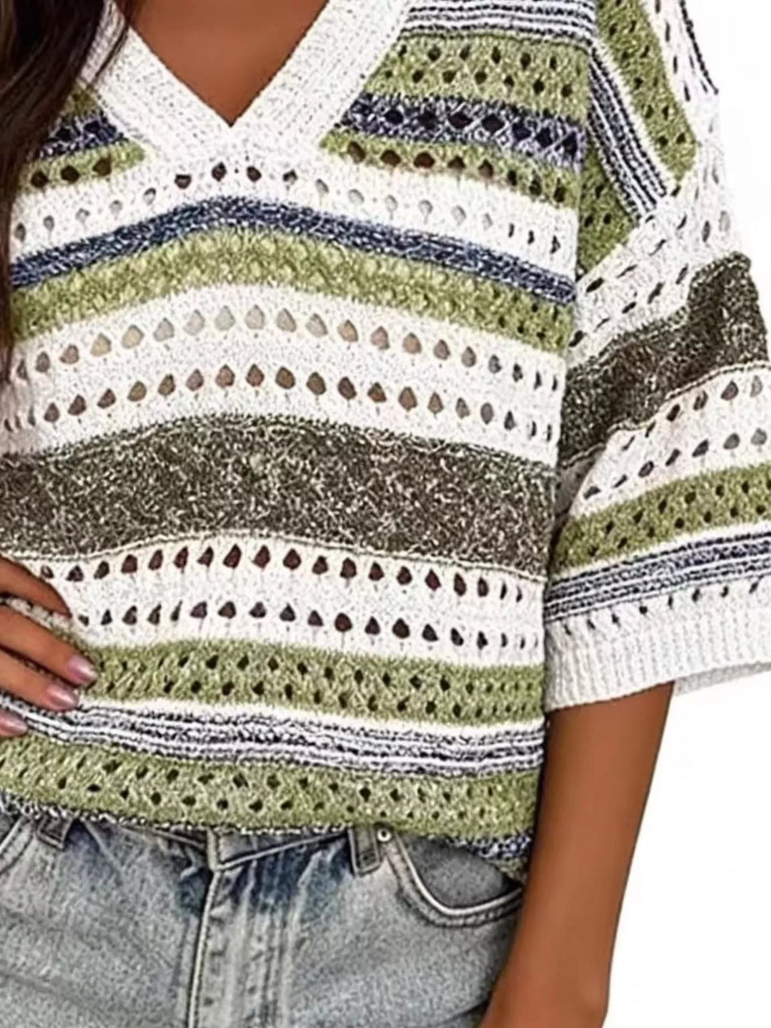 Striped openwork knit V-neck top with drop shoulders
