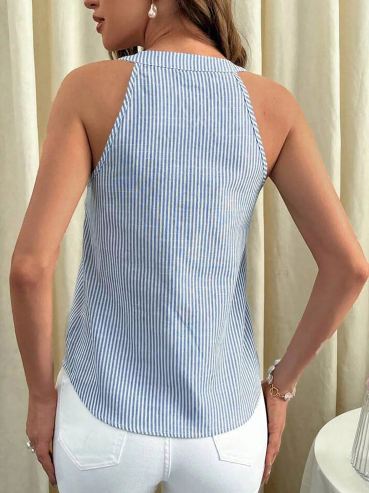 Striped sleeveless button-front tank with notch V-neck