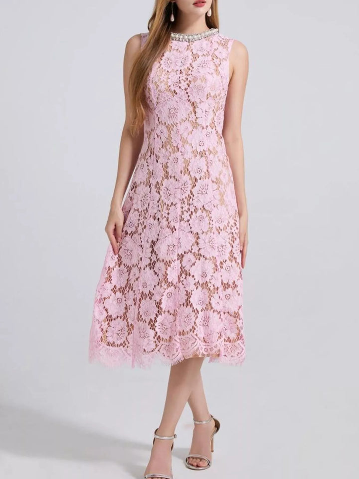 Sleeveless floral lace midi dress with pearl neckline