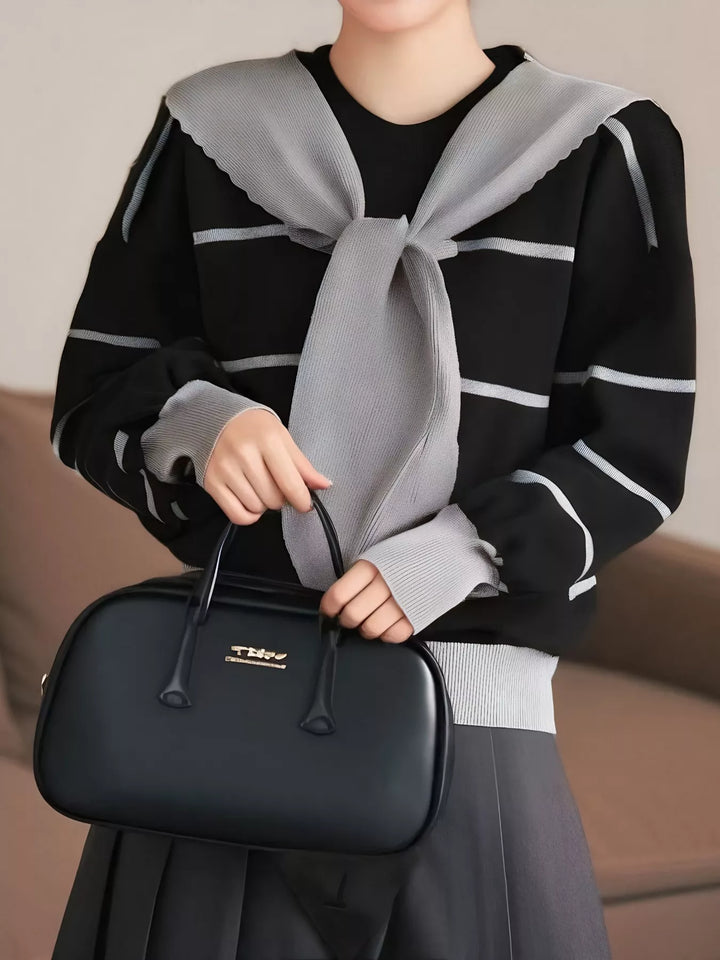 Dark Gray Striped tie-front round neck sweater with long sleeves