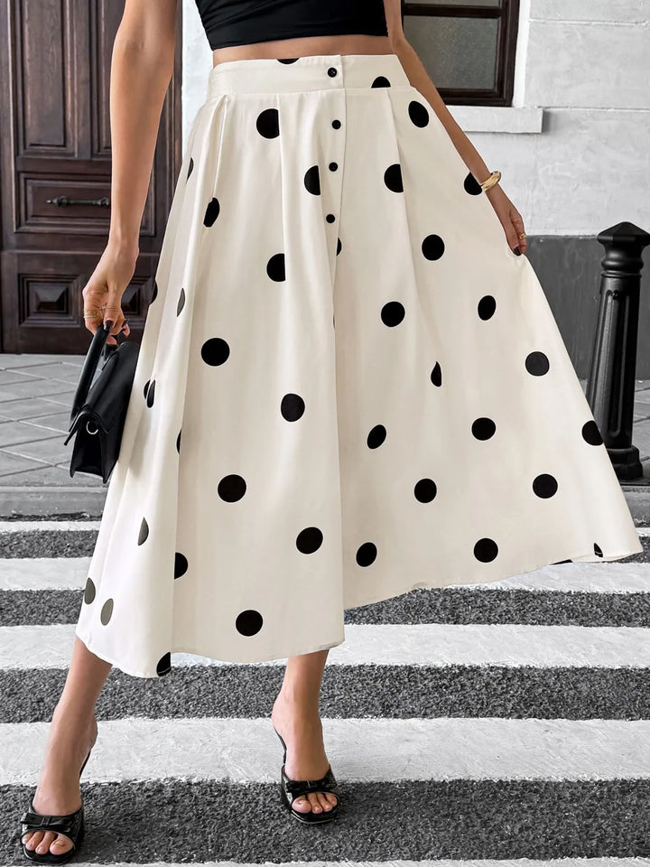 Pleated polka dot button-front midi skirt