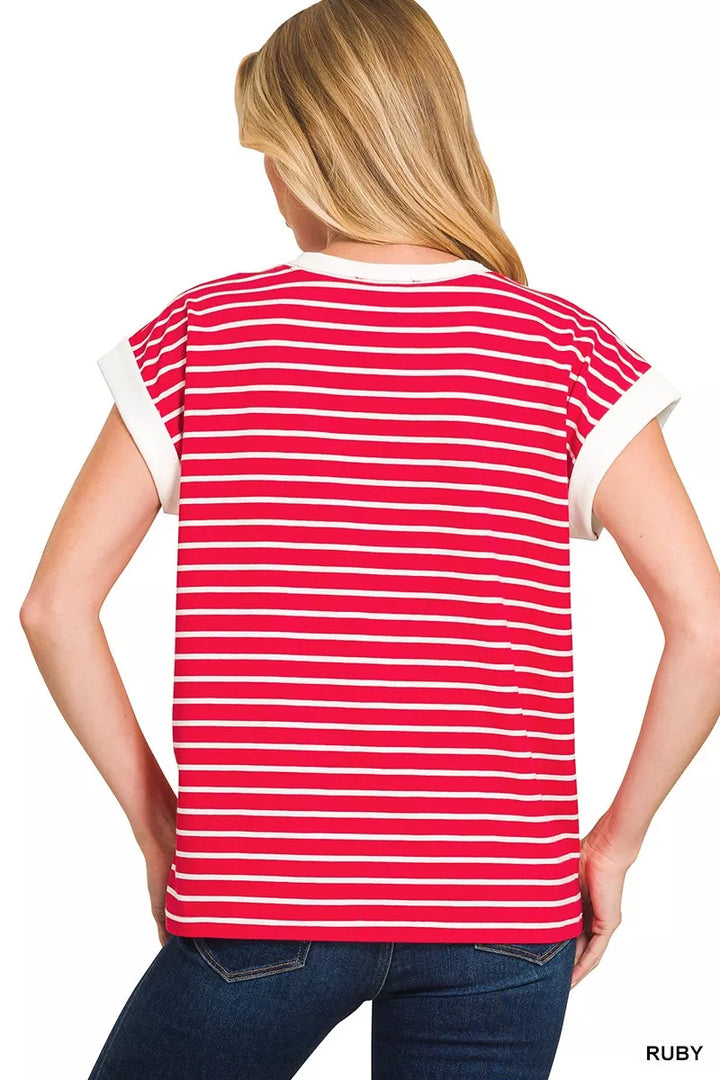 Striped cap sleeve tee with contrast trim