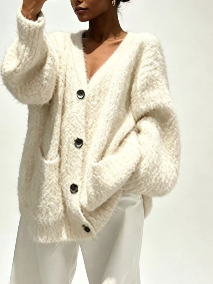Cream Fuzzy knit V-neck button-down cardigan with patch pockets