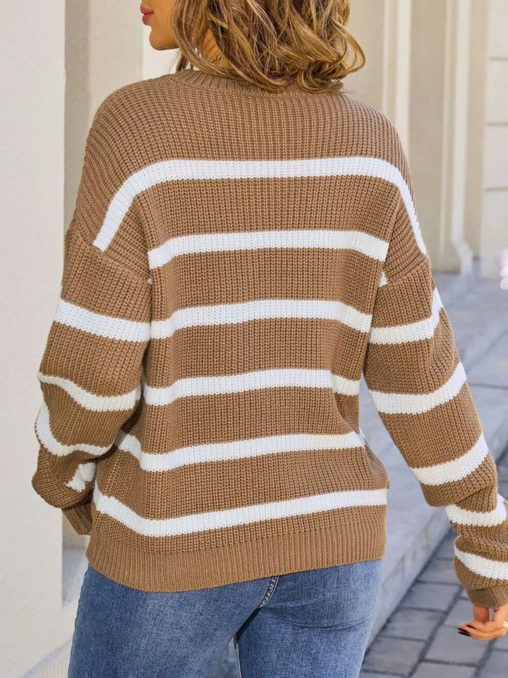 Striped ribbed knit dropped shoulder crewneck sweater