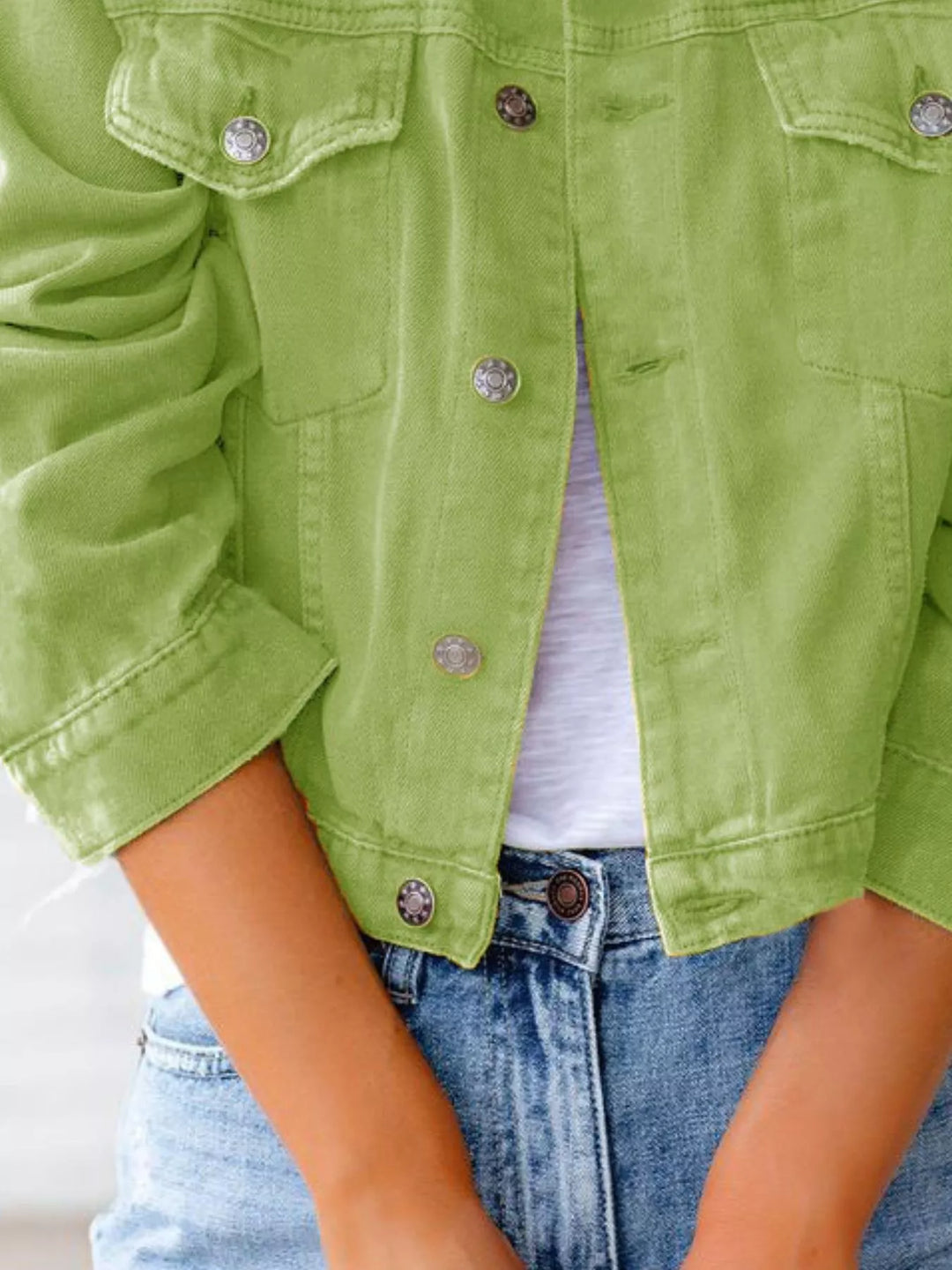 Cropped button-up denim jacket with chest pockets