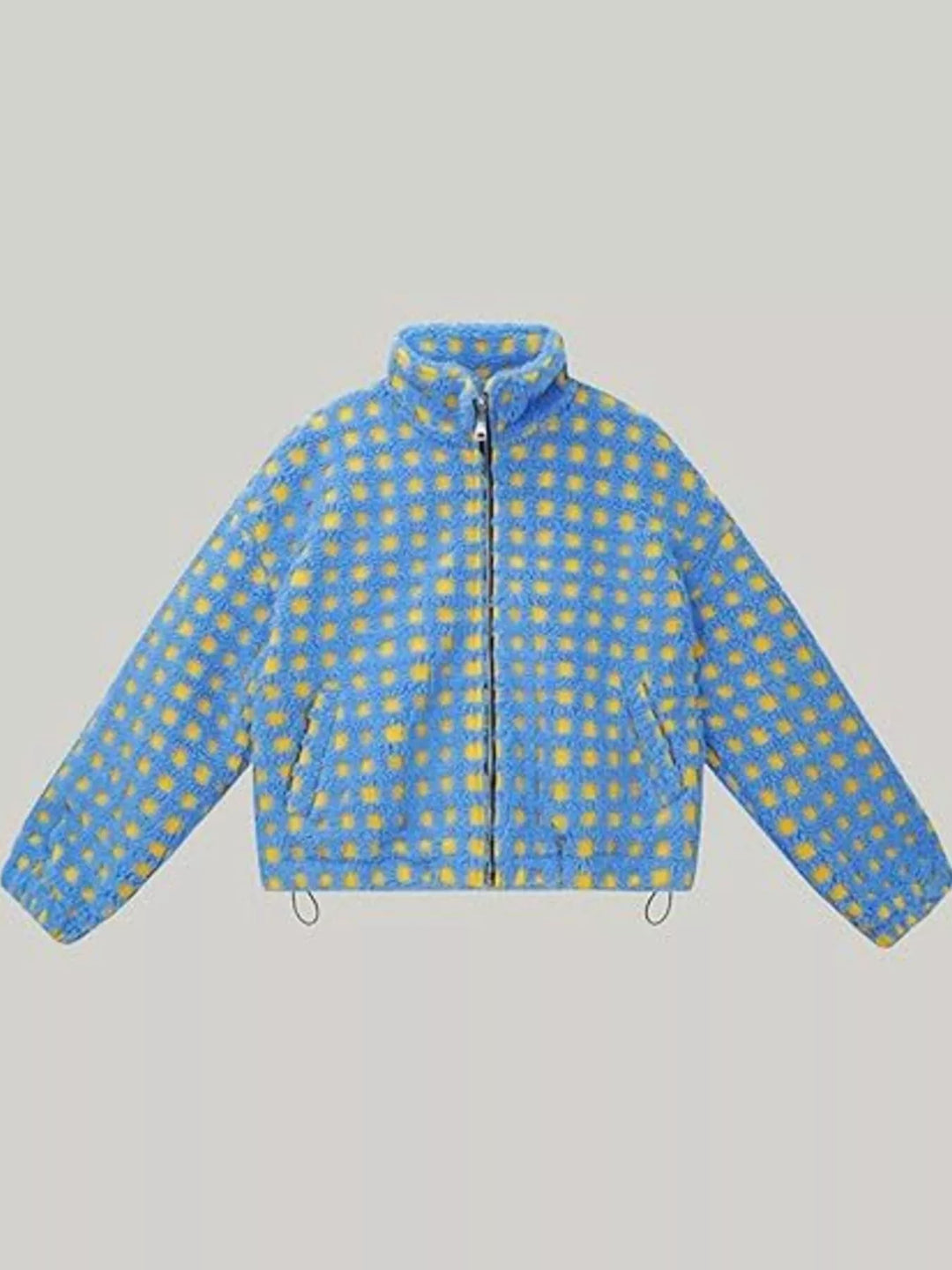 Plaid sherpa zip-up jacket with stand collar and drawstring hem
