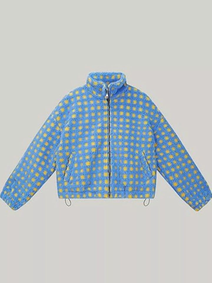 Plaid sherpa zip-up jacket with stand collar and drawstring hem