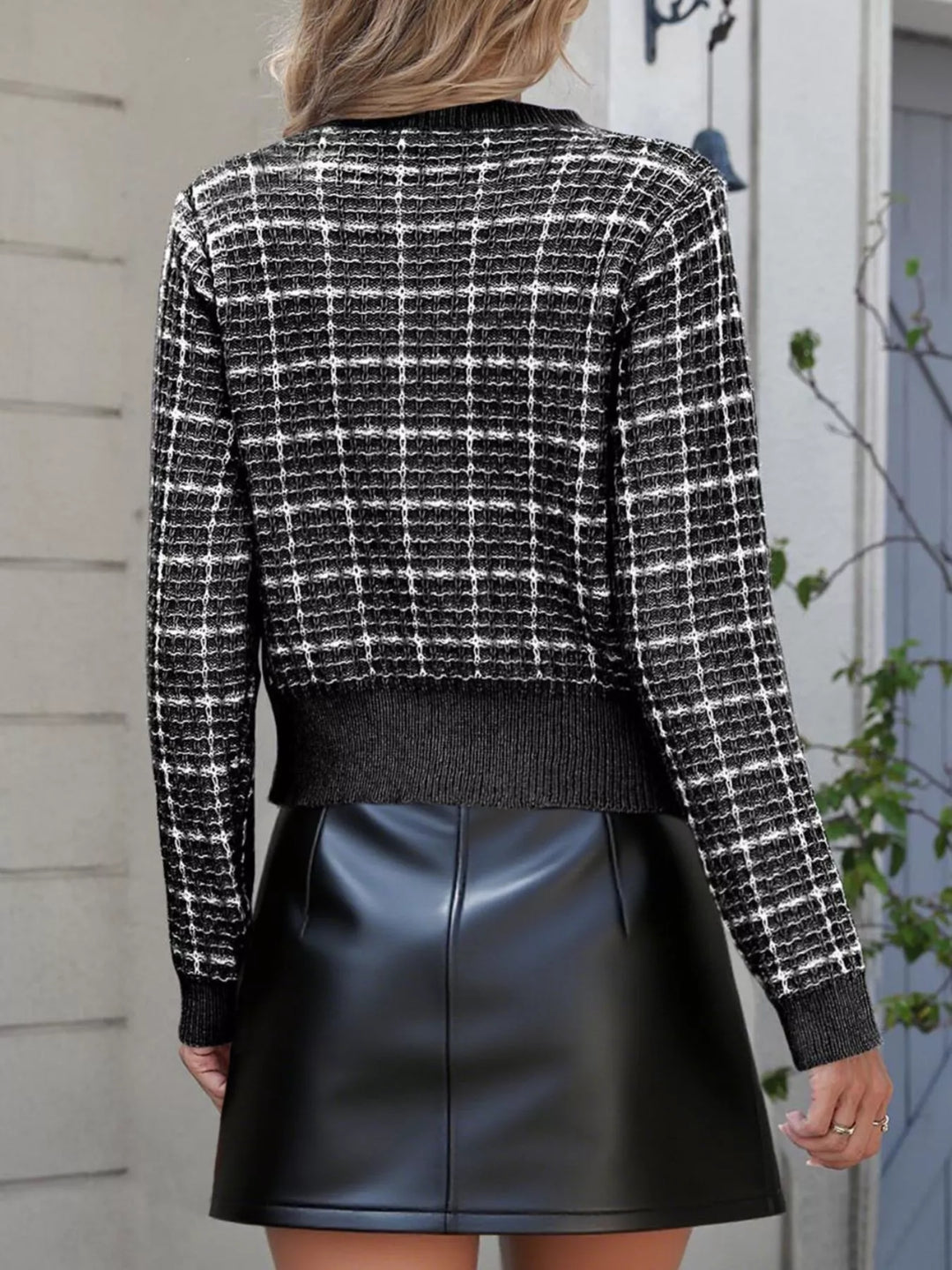 Plaid tweed knit cardigan with pearl buttons and bow patches