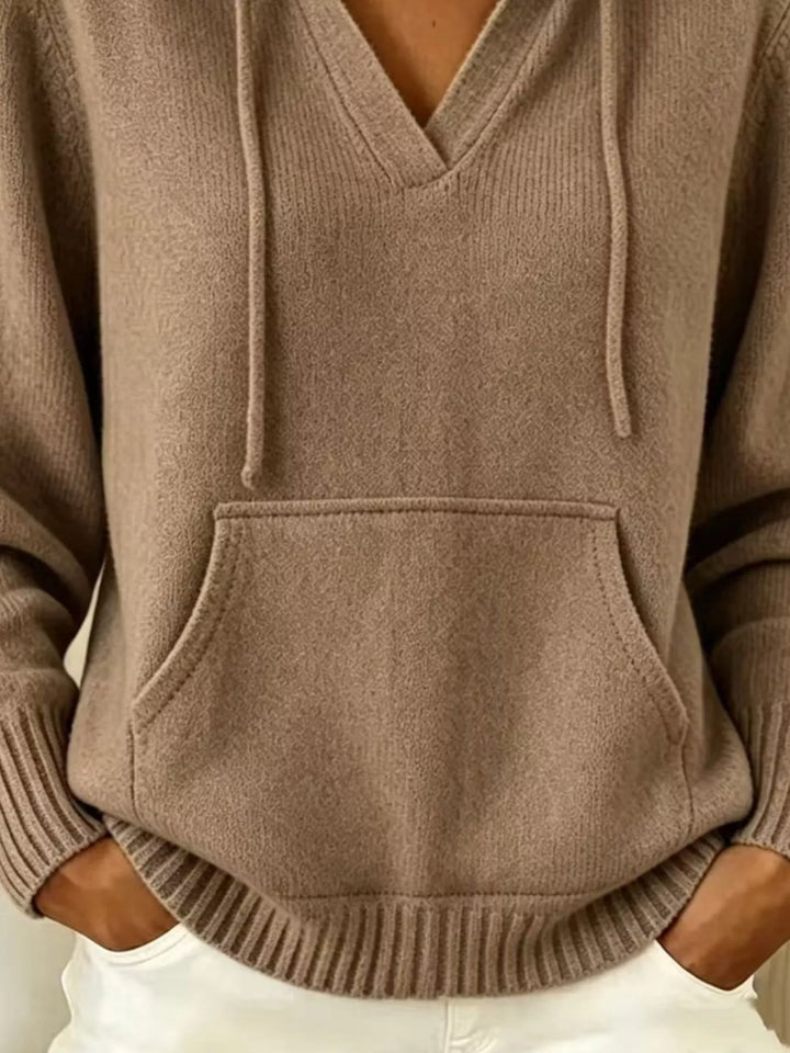 Drawstring hooded knit pullover with kangaroo pocket