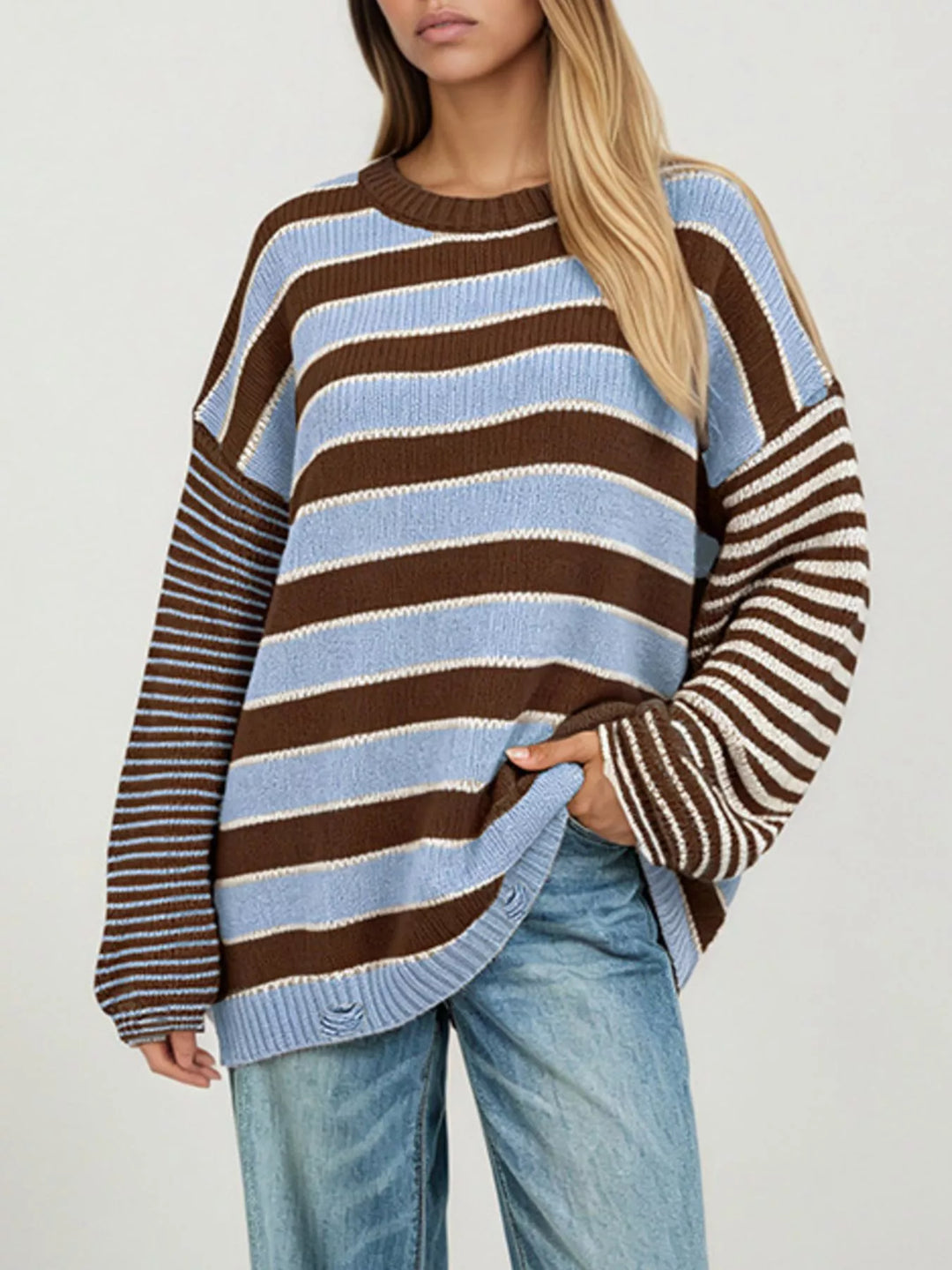Brown Distressed striped oversized knit sweater with raw hem